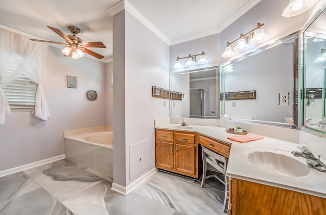 bathroom featuring double vanity, ornamental molding, a sink, a textured ceiling, and a bath