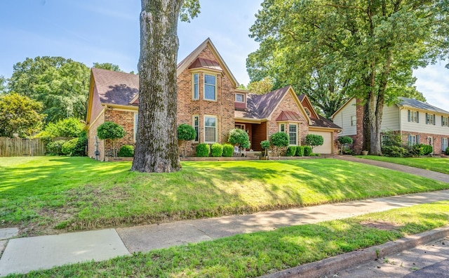 view of front of property with a garage, brick siding, a front lawn, and fence