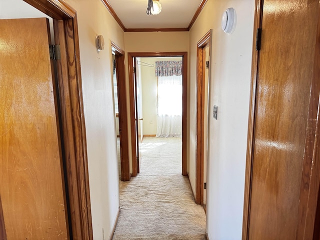 corridor with ornamental molding, light carpet, and baseboards