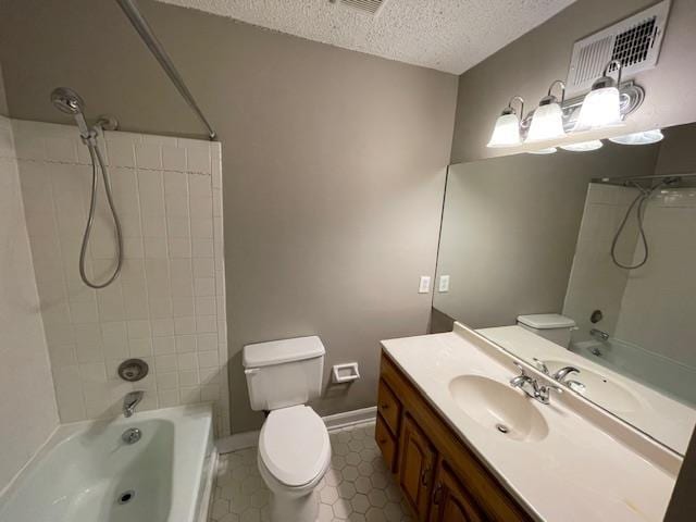 full bath with bathing tub / shower combination, toilet, and a textured ceiling