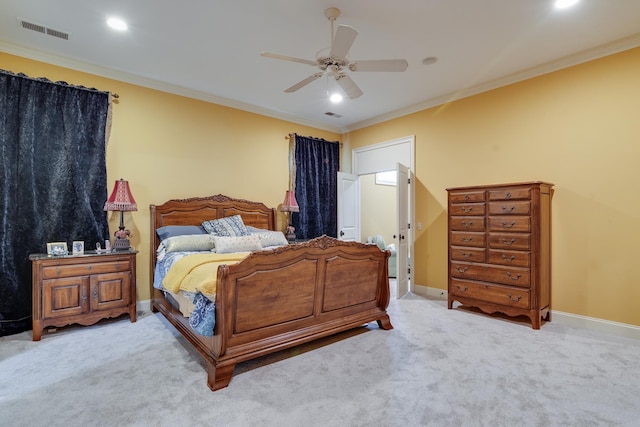 bedroom with carpet, crown molding, recessed lighting, visible vents, and baseboards