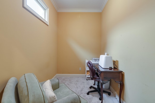 carpeted home office with crown molding and baseboards