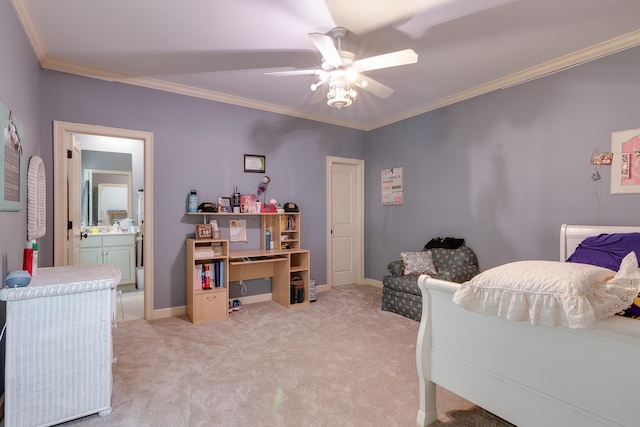 bedroom with baseboards, connected bathroom, light colored carpet, ceiling fan, and ornamental molding