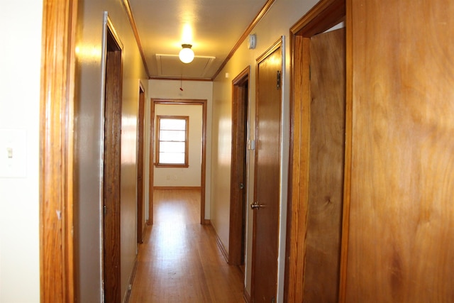 hall featuring light wood-type flooring, attic access, baseboards, and crown molding