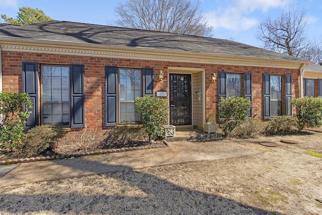 doorway to property featuring roof with shingles and brick siding