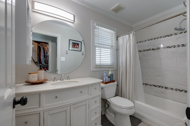 full bath featuring toilet, vanity, visible vents, ornamental molding, and shower / bath combo