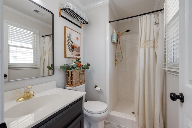 full bath with visible vents, toilet, ornamental molding, a shower stall, and vanity