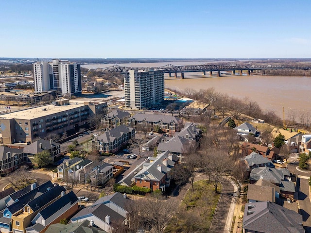 aerial view with a water view and a view of city