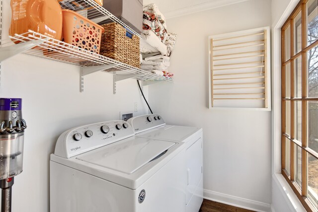 clothes washing area featuring laundry area, baseboards, and separate washer and dryer