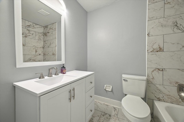 full bathroom with marble finish floor, vanity, toilet, and baseboards