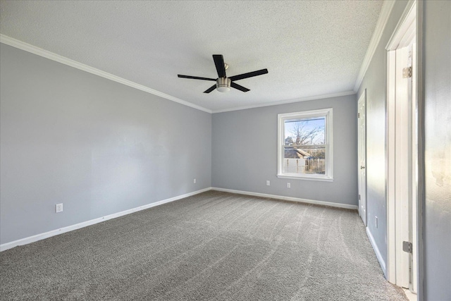 unfurnished bedroom featuring baseboards, ceiling fan, ornamental molding, a textured ceiling, and carpet floors