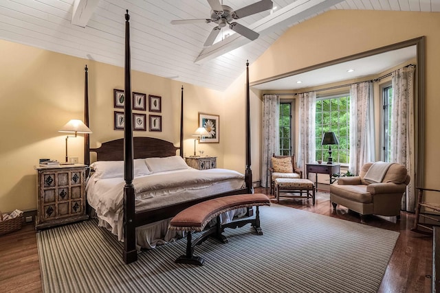 bedroom with vaulted ceiling with beams, baseboards, wood finished floors, and access to exterior