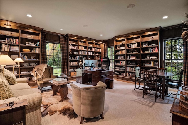 living area with carpet floors, built in features, and recessed lighting