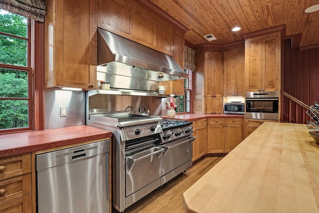 kitchen with extractor fan, wooden ceiling, wood counters, light wood-style floors, and appliances with stainless steel finishes