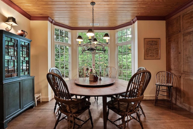 dining space featuring ornamental molding, wood finished floors, wood ceiling, and an inviting chandelier