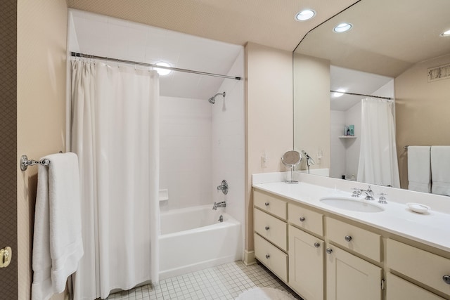 full bath featuring recessed lighting, vanity, shower / tub combo with curtain, and tile patterned floors