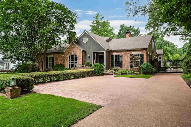 view of front of home with brick siding, a shingled roof, a gate, a front lawn, and a chimney