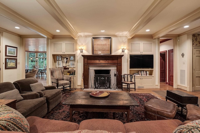 living area with crown molding and beamed ceiling