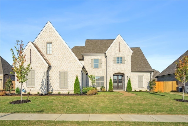 view of front of house with a front lawn, french doors, and brick siding