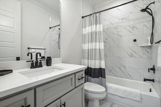 bathroom with marble finish floor, toilet, ornamental molding, shower / bath combo, and vanity