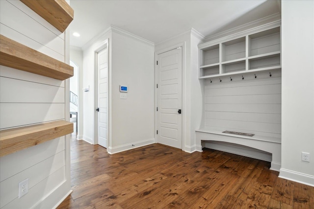 mudroom featuring ornamental molding, recessed lighting, hardwood / wood-style floors, and baseboards