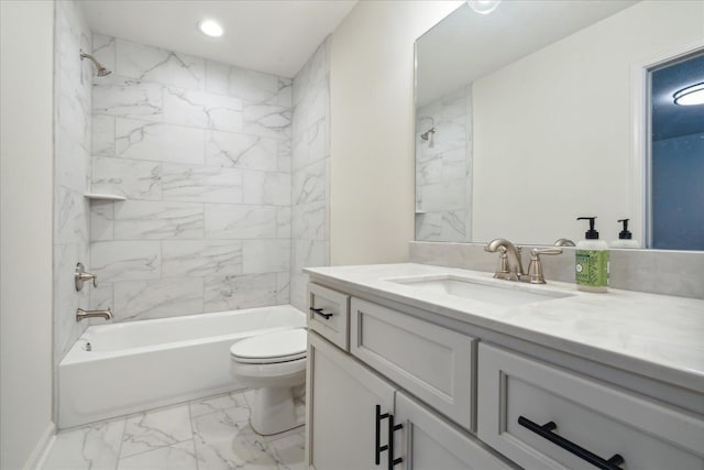 bathroom with toilet, recessed lighting, bathing tub / shower combination, vanity, and marble finish floor