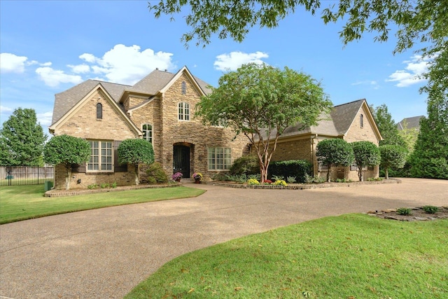 traditional-style home with brick siding, fence, stone siding, driveway, and a front yard