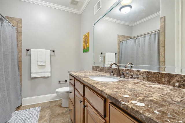 full bath with baseboards, vanity, visible vents, and ornamental molding