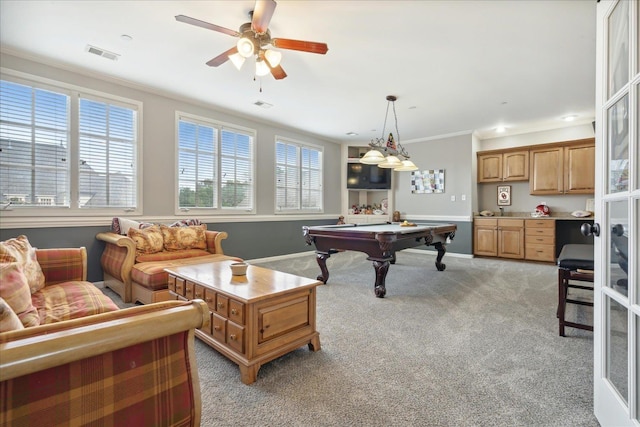 playroom featuring light colored carpet, billiards, visible vents, baseboards, and ornamental molding