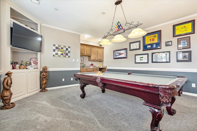 recreation room with baseboards, ornamental molding, carpet flooring, and pool table