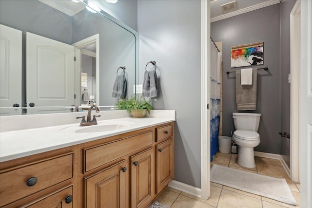 bathroom with visible vents, baseboards, toilet, tile patterned flooring, and vanity