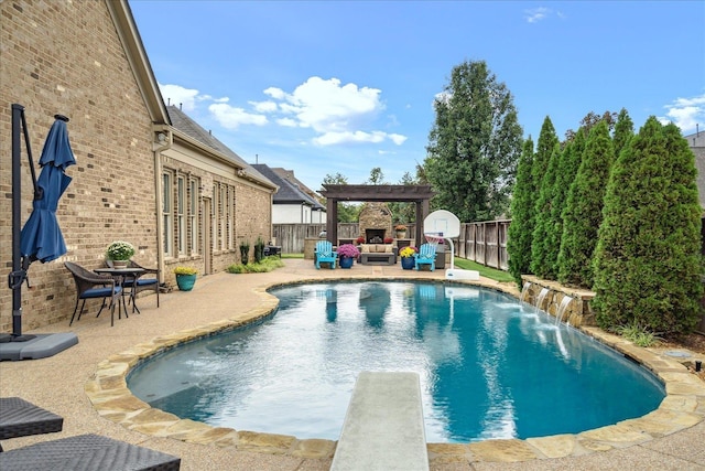 view of swimming pool with a fenced in pool, a fenced backyard, a patio area, a diving board, and a pergola