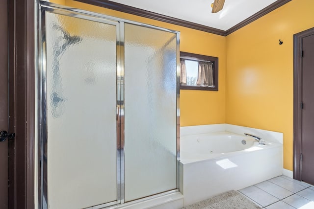 bathroom featuring a garden tub, a shower stall, ornamental molding, and tile patterned flooring