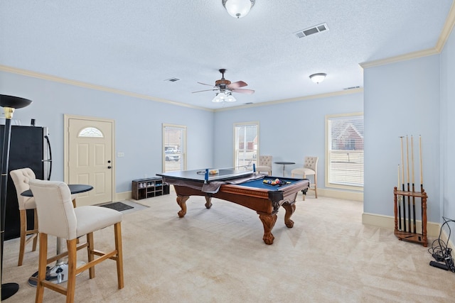 playroom with light carpet, billiards, ornamental molding, and a textured ceiling