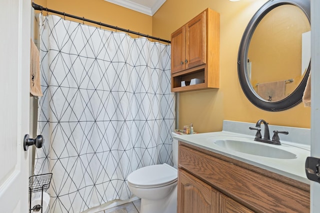 full bath with toilet, tile patterned floors, curtained shower, crown molding, and vanity