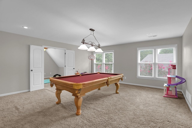 recreation room featuring carpet, billiards, visible vents, and baseboards