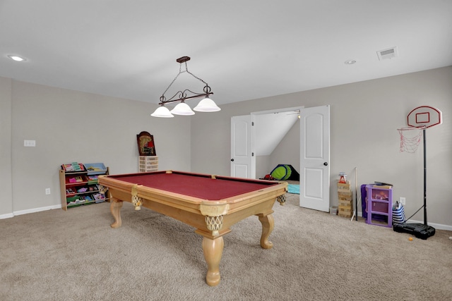 rec room featuring billiards, carpet flooring, visible vents, and baseboards