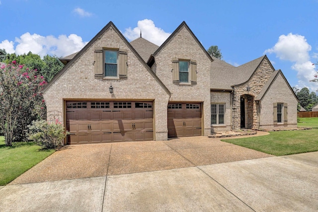 french country inspired facade featuring a garage, a front yard, brick siding, and a shingled roof