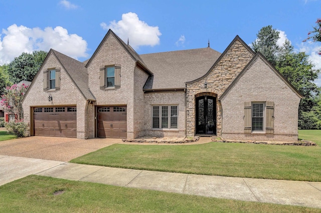 french country inspired facade with brick siding, an attached garage, driveway, and a front lawn