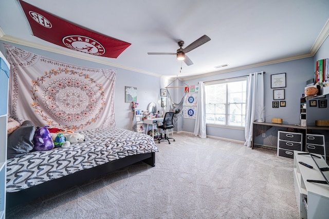 bedroom featuring baseboards, visible vents, carpet flooring, and ornamental molding