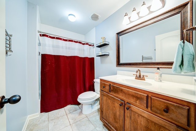 bathroom with curtained shower, visible vents, toilet, vanity, and tile patterned floors