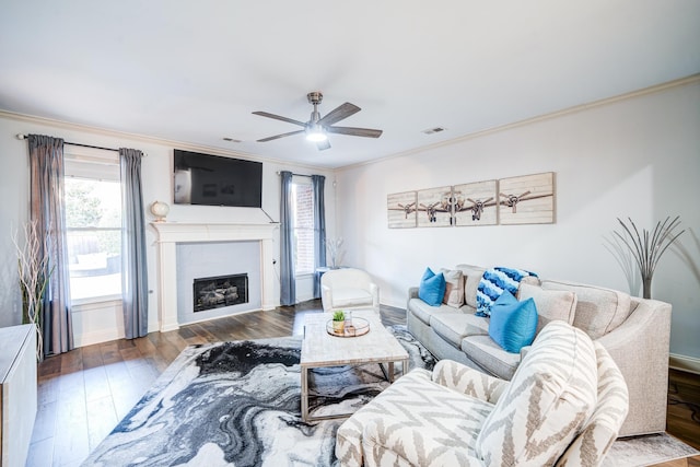 living room featuring visible vents, hardwood / wood-style flooring, ceiling fan, crown molding, and a fireplace