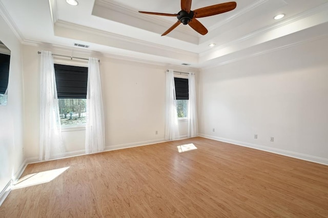 empty room featuring light wood finished floors, a tray ceiling, and plenty of natural light