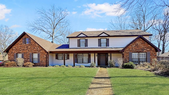 traditional home with stucco siding, a front lawn, and brick siding