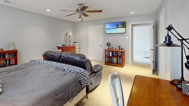 bedroom with recessed lighting, baseboards, a ceiling fan, and light colored carpet