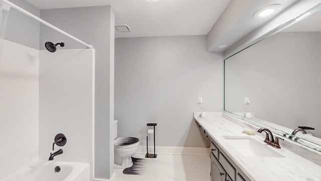 bathroom with toilet, vanity, baseboards, marble finish floor, and shower / bathing tub combination