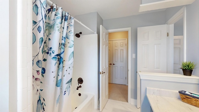 full bathroom featuring shower / tub combo and vanity