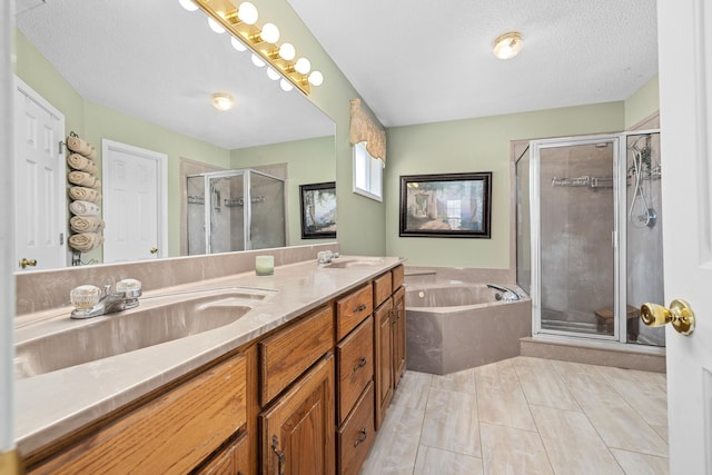 full bath featuring a stall shower, a garden tub, a sink, and double vanity