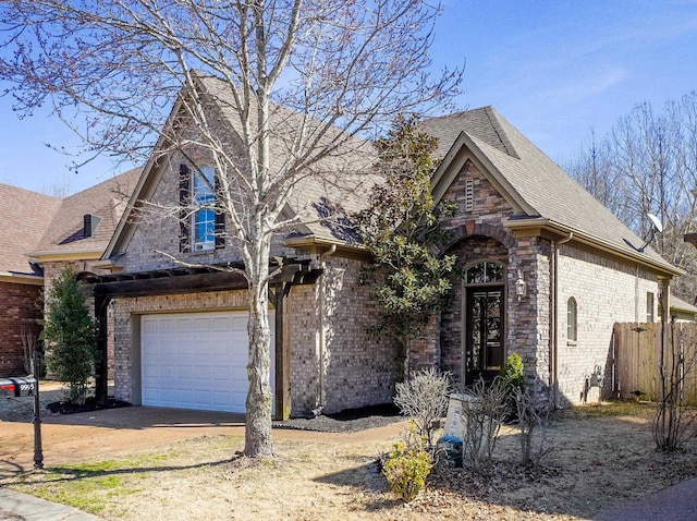 view of front of house featuring driveway, a shingled roof, stone siding, fence, and brick siding