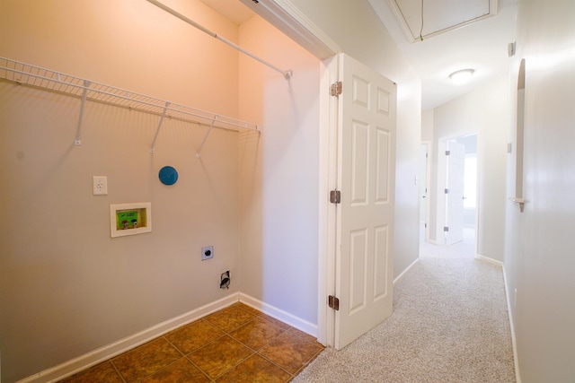 laundry area with laundry area, washer hookup, attic access, dark colored carpet, and electric dryer hookup